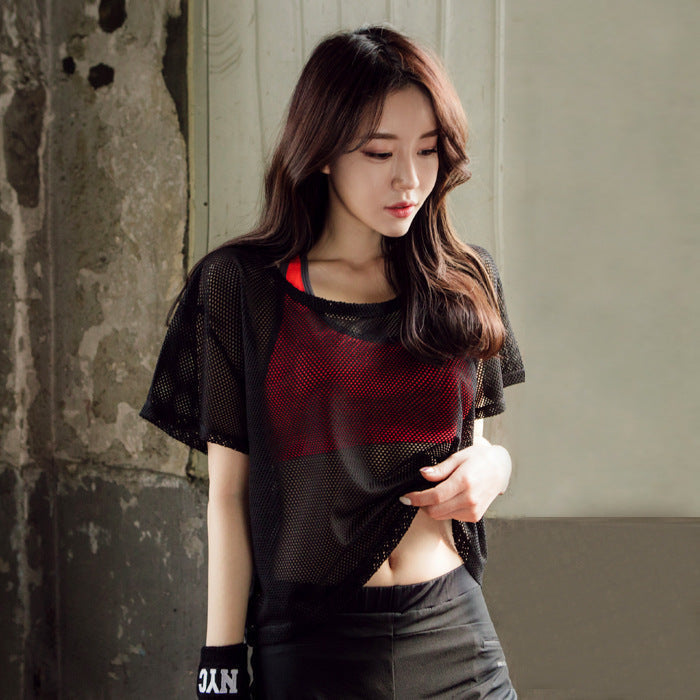 Spacewallart hollow out mesh blouse crop top, stylish apparel with a see-through mesh design and cut-out details, perfect for trendy outfits.