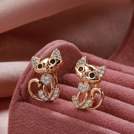 Purple gold earrings with zircon accents, featuring a temperament cat design, crafted by Spacewallart.