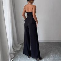 Off-the-shoulder vest and wide-leg trousers set by Spacewallart, shown on a model with stylish, casual fashion look.