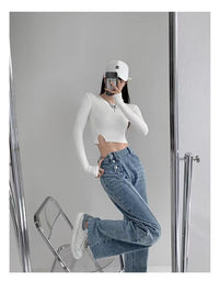 Spacewallart irregular breasted high waist jeans, stylish denim apparel with unique design, shown on a model.