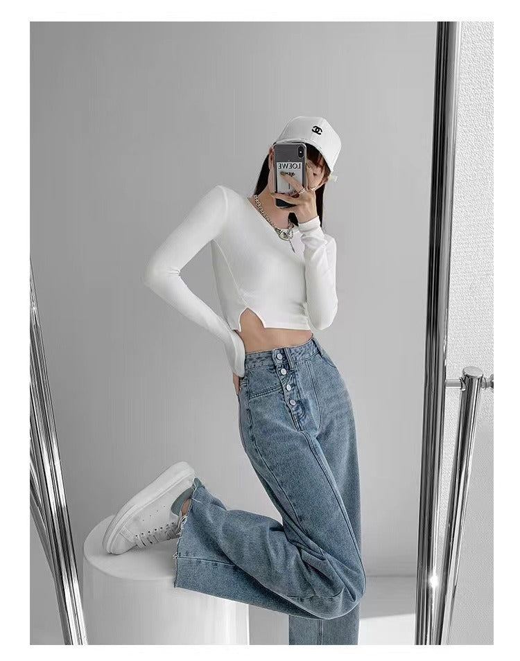 Spacewallart irregular breasted high waist jeans, stylish denim with unique cut and high-rise fit, showcasing front and back views.