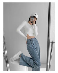Spacewallart irregular breasted high waist jeans, stylish denim with unique cut and high-rise fit, showcasing front and back views.