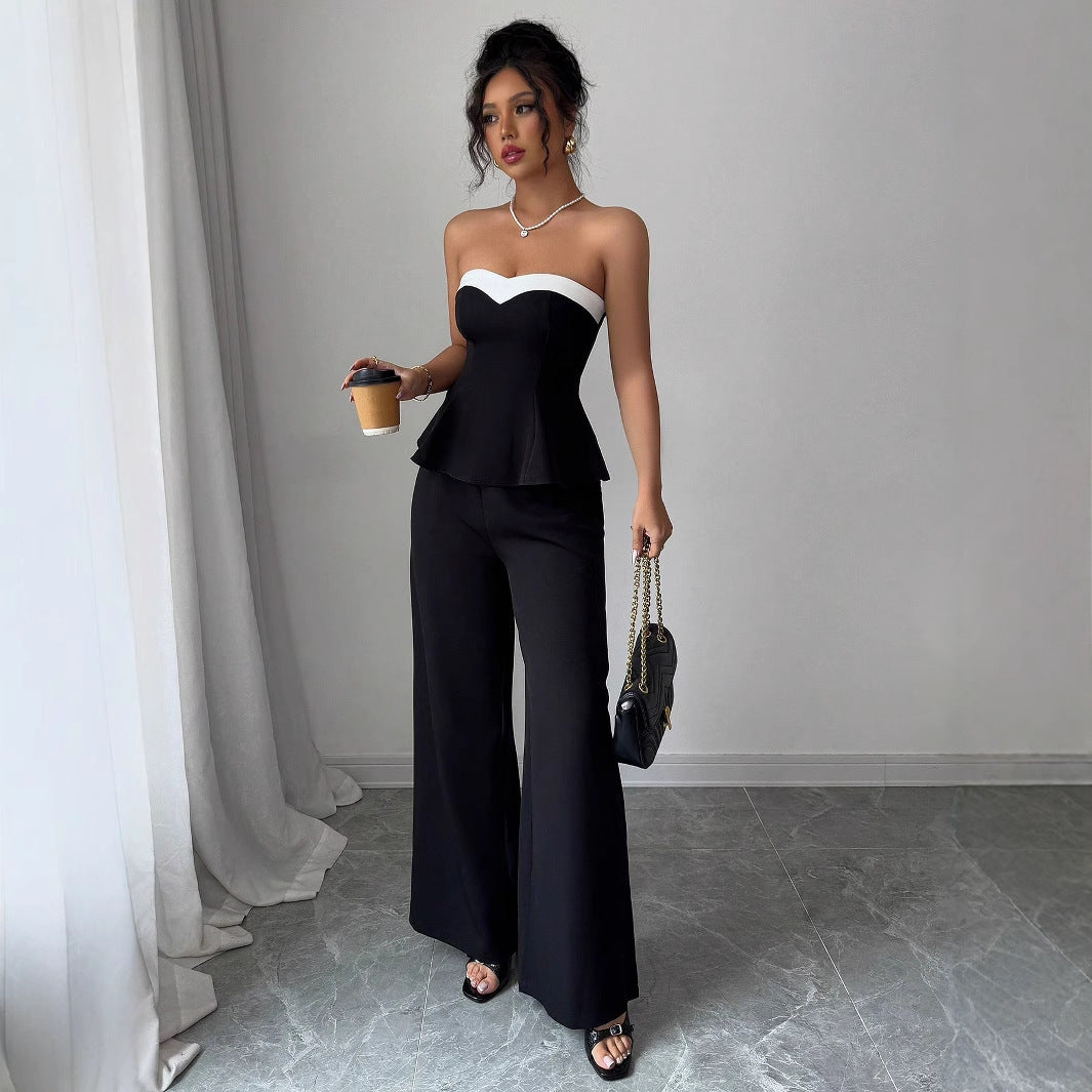 Off-the-shoulder vest and wide-leg trousers set by Spacewallart, featuring a stylish, coordinated apparel ensemble.