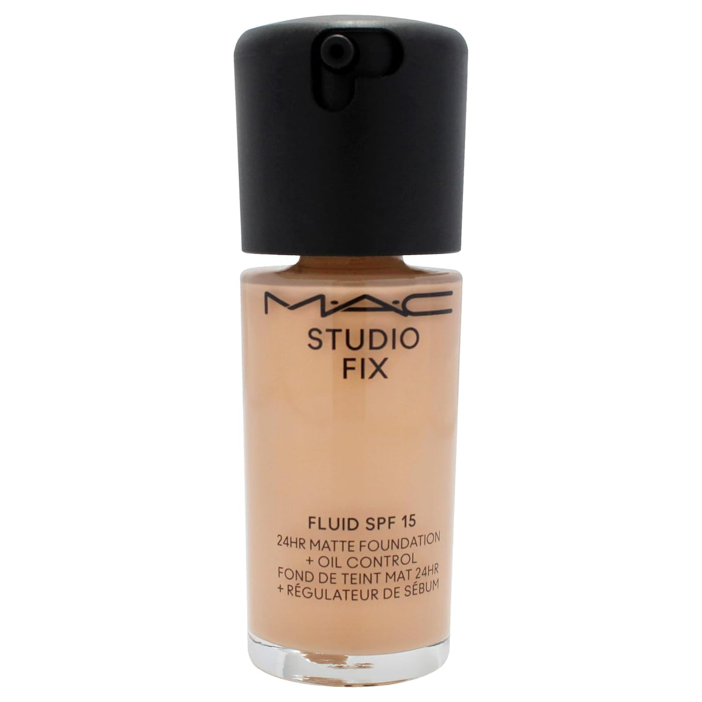 MAC Studio Fix Fluid SPF 15 24Hr Matte Foundation in shade NC27, 1 oz bottle, with sleek packaging and product label visible.