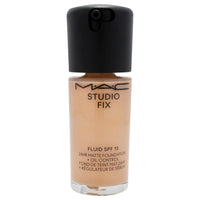 MAC Studio Fix Fluid SPF 15 24Hr Matte Foundation in shade NC27, 1 oz bottle, with sleek packaging and product label visible.