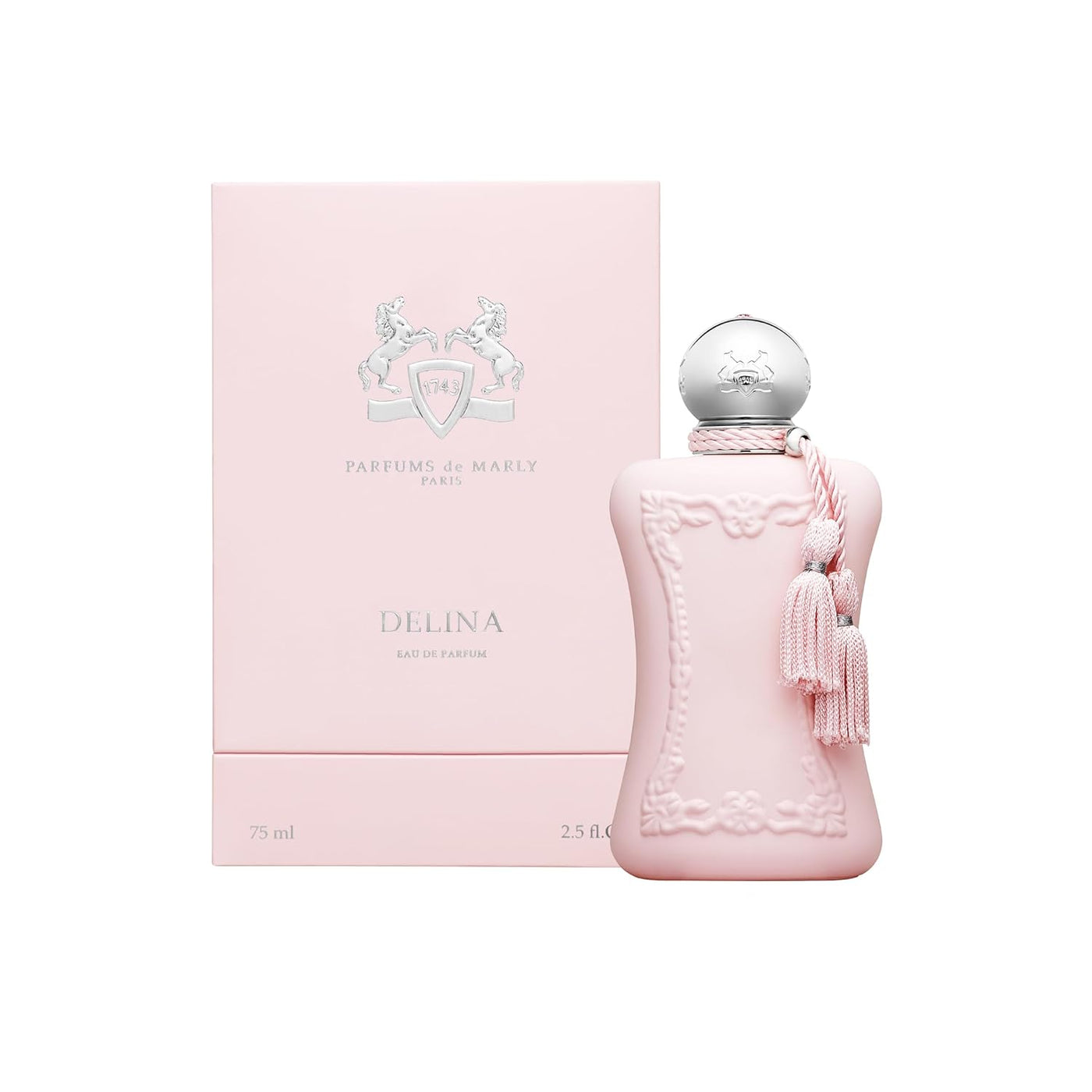Delina rose floral parfum for women by Parfums de Marly, 75 ml bottle, elegant packaging with pink and floral accents