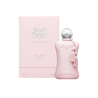 Delina rose floral parfum for women by Parfums de Marly, 75 ml bottle, elegant packaging with pink and floral accents