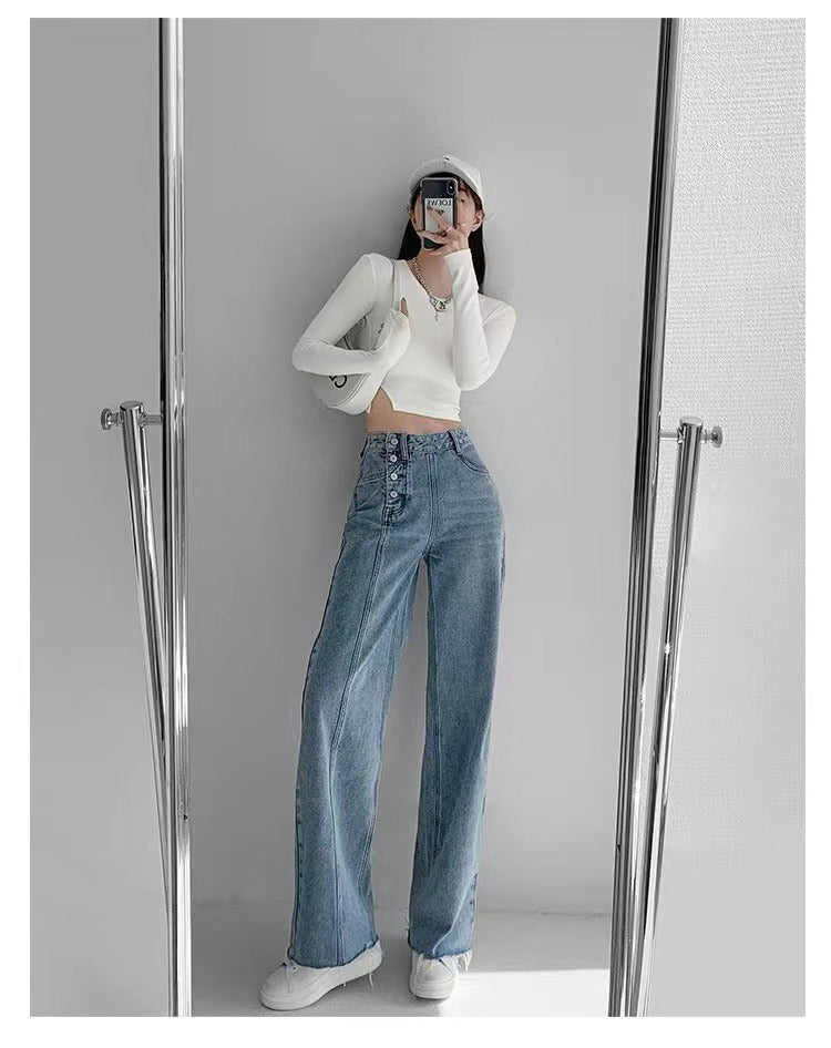 Spacewallart irregular breasted high waist jeans, denim apparel with unique design, featuring a high waist and distressed details.
