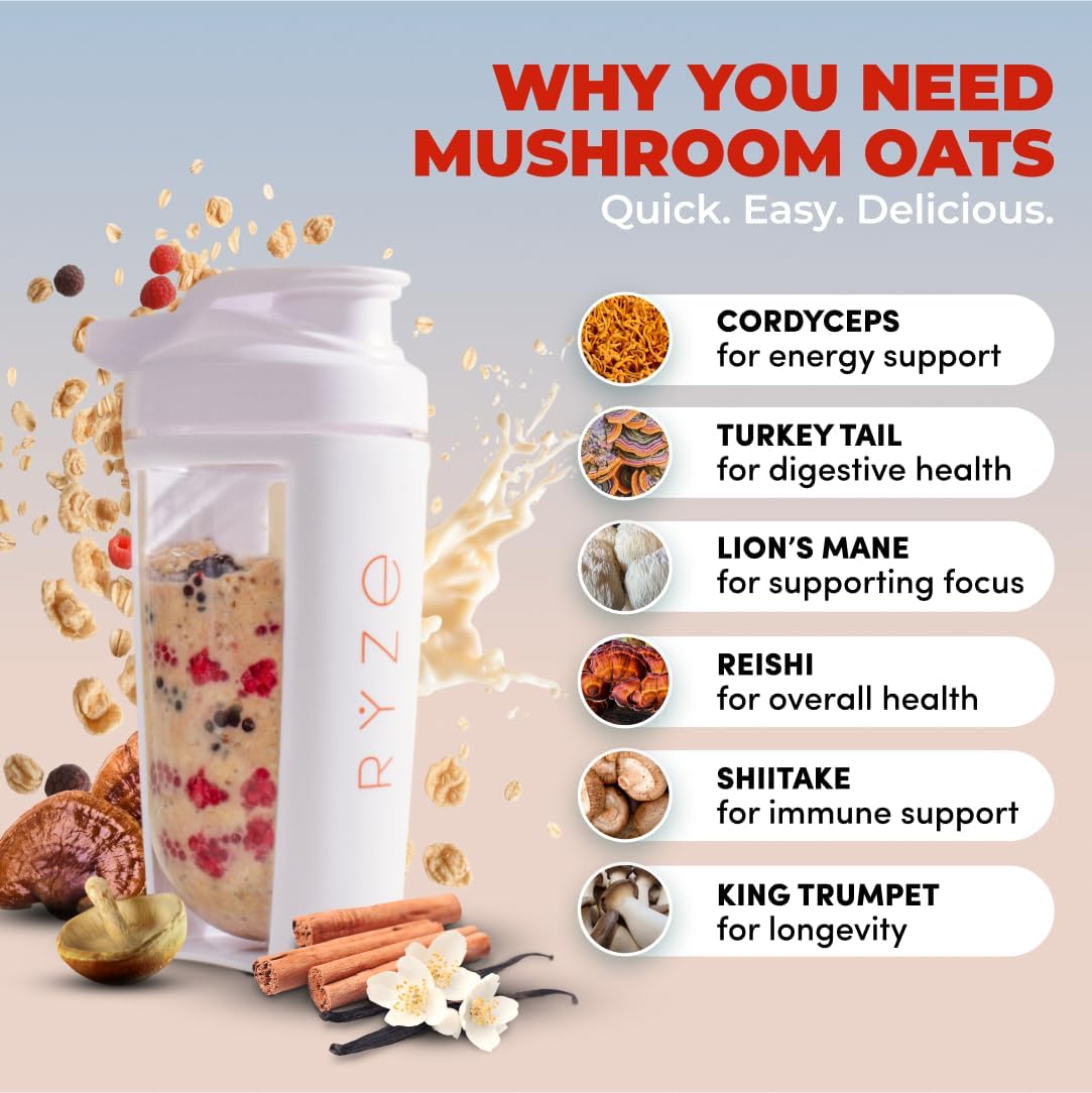 Spacewallart RYZE Superfoods Mushroom Coffee and Mushroom Overnight Oats, USDA Organic, medium roast, vibrant packaging, natural ingredients