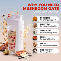Spacewallart RYZE Superfoods Mushroom Coffee and Mushroom Overnight Oats, USDA Organic, medium roast, vibrant packaging, natural ingredients