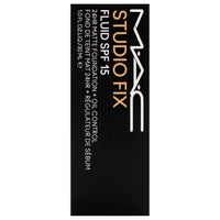 MAC Studio Fix Fluid SPF 15 matte foundation in shade NC27, 1 oz, showing the sleek bottle with pump dispenser.