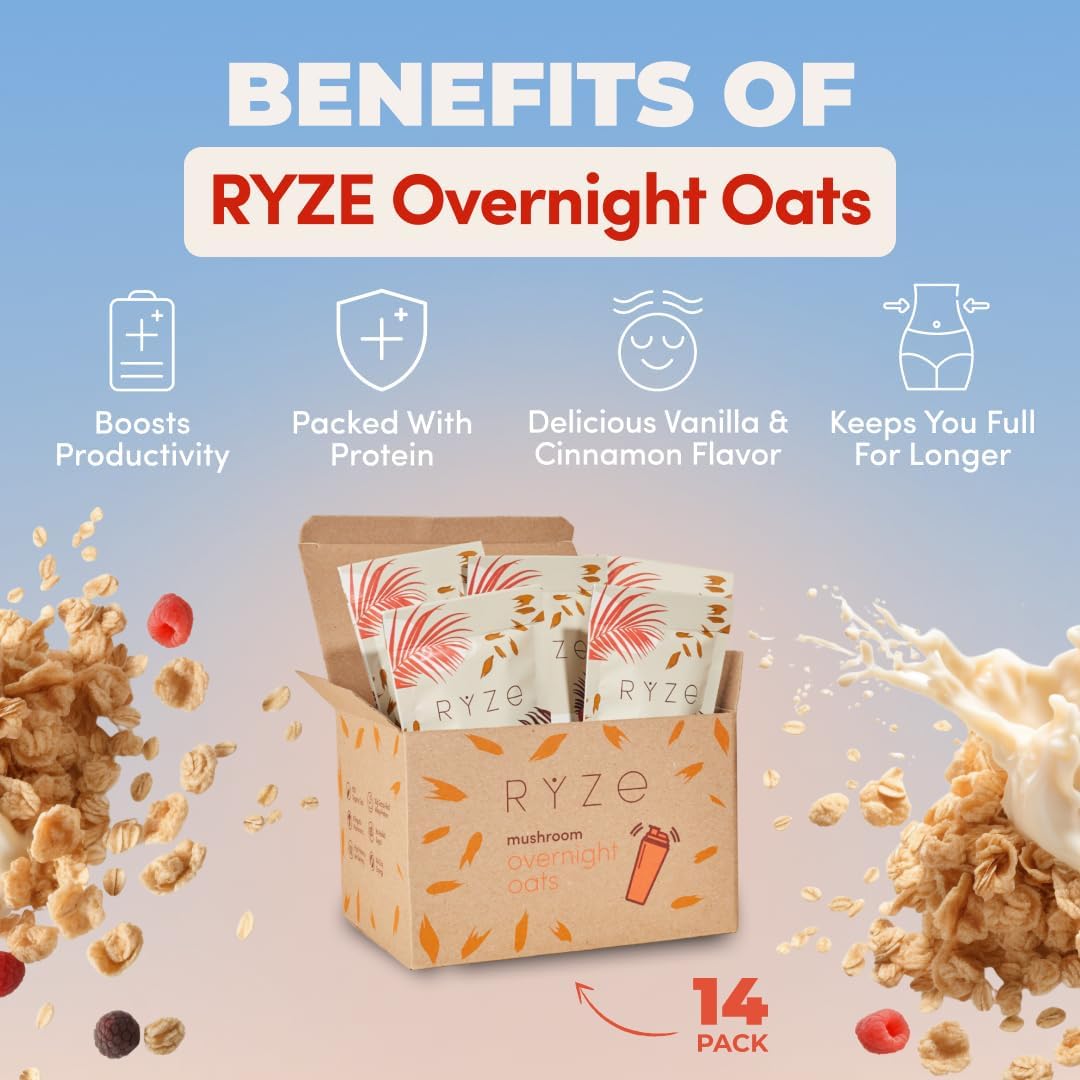 RYZE Superfoods Mushroom Coffee and Overnight Oats from Spacewallart, USDA Organic, medium roast coffee with mushroom-infused oats.