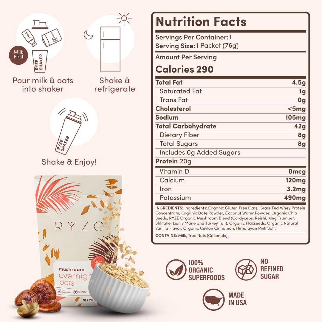 RYZE Superfoods Mushroom Coffee and Overnight Oats set, USDA Organic, medium roast coffee with mushroom extract and oats for healthy energy.