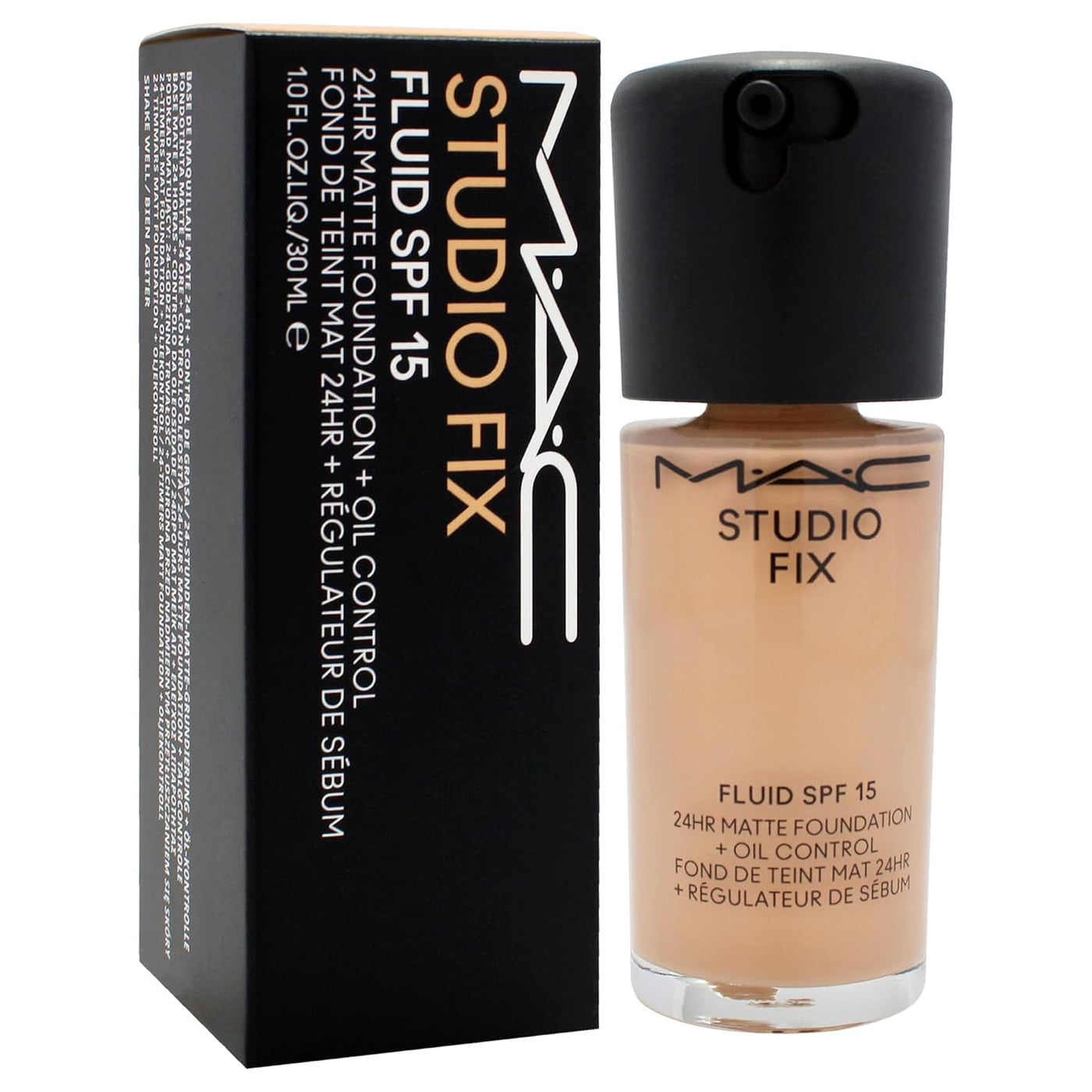 Spacewallart MAC Studio Fix Fluid SPF 15 matte foundation in shade NC27, 1 oz bottle with pump dispenser, close-up view.