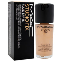 Spacewallart MAC Studio Fix Fluid SPF 15 matte foundation in shade NC27, 1 oz bottle with pump dispenser, close-up view.
