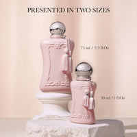 Parfums de Marly Delina floral parfum for women featuring a 75 ml bottle with elegant rose scent and luxurious packaging