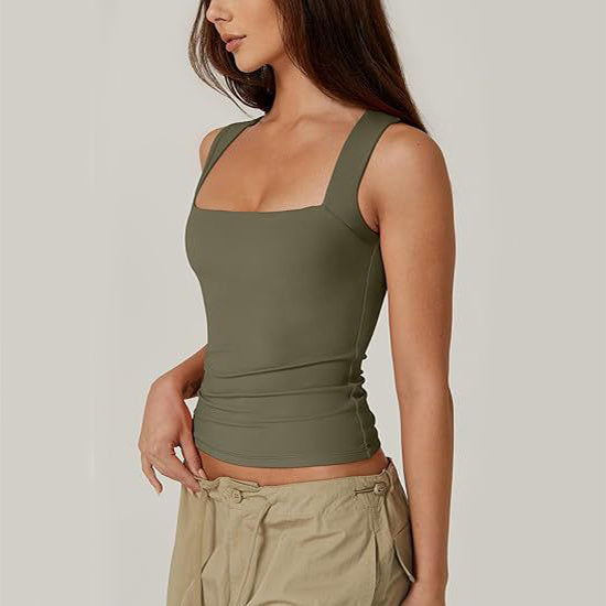 Spacewallart summer square-neck tank top, sleeveless solid-colored apparel with a fitted square neckline, displayed on a hanger.