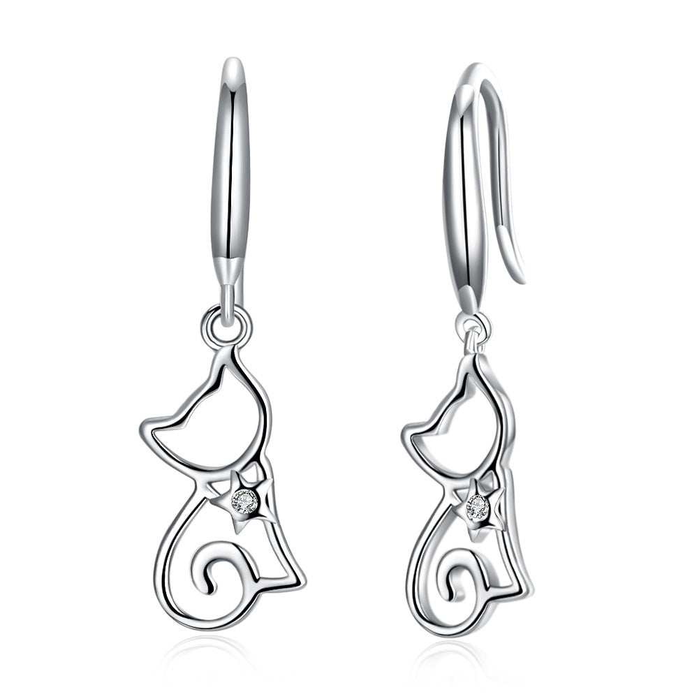 Sterling silver cat zircon earrings featuring sparkling cubic zirconia stones, designed as elegant jewelry accessories.