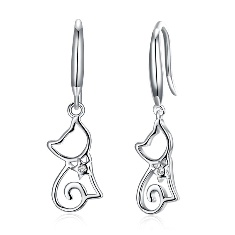 Sterling silver cat zircon earrings featuring sparkling cubic zirconia stones, designed as elegant jewelry accessories.