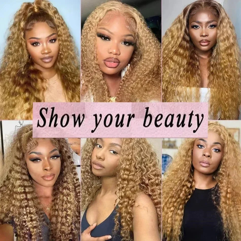 Honey blonde lace front human hair wig by Spacewallart featuring natural waves and a realistic lace front for a seamless hairline.