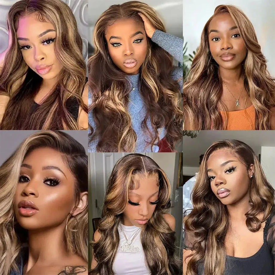 Spacewallart Body Wave Highlight Human Hair Wig showing a natural body wave texture with blonde highlights on a realistic wig cap