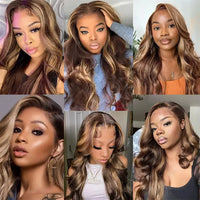 Spacewallart Body Wave Highlight Human Hair Wig showing a natural body wave texture with blonde highlights on a realistic wig cap