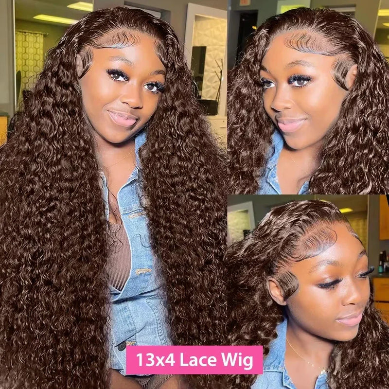 Chocolate brown curly lace front wig by Spacewallart, showing the full wig with voluminous curls and lace front detail.