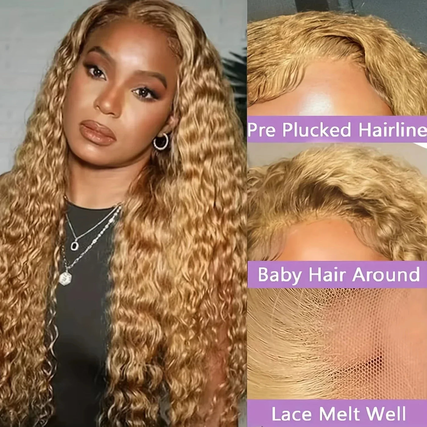 Honey blonde lace front human hair wig by Spacewallart, showcasing natural hair texture and lace front design for a seamless look.