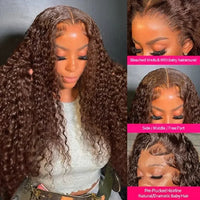 Chocolate brown curly lace front wig by Spacewallart with voluminous, natural-looking curls and a lace front for a seamless hairline.