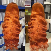 Spacewallart orange ginger body wave HD transparent human hair wig showcasing vibrant color and natural wave pattern