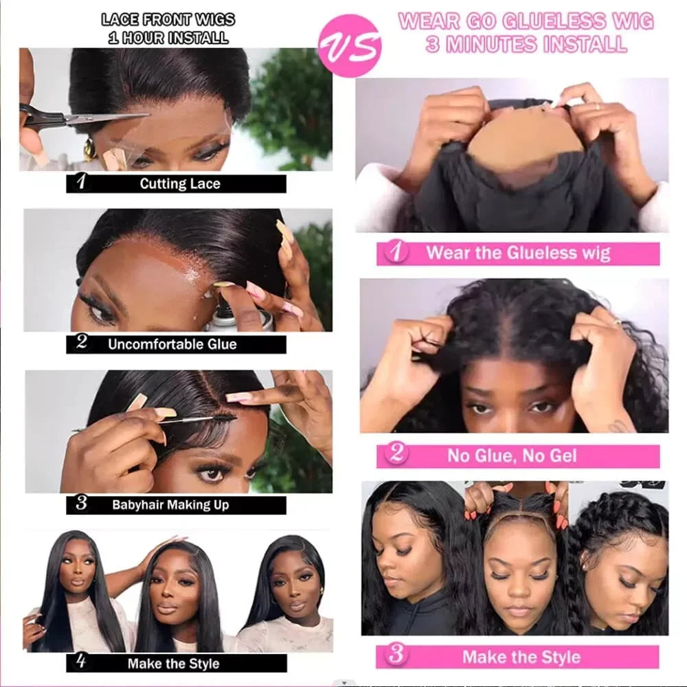 Deep wave glueless wig by Spacewallart, showcasing natural hair texture and style with no glue needed, in a close-up view.