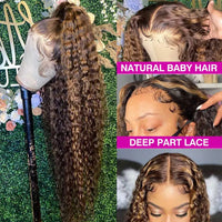 Honey blonde water wave lace front curly wig by Spacewallart, featuring textured, wavy hair with a natural lace front for a seamless look.