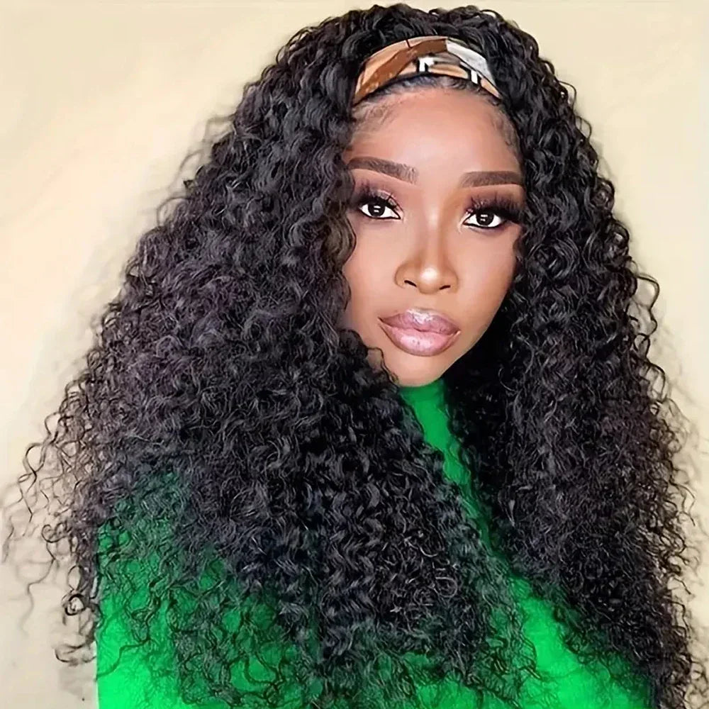 Water wave human hair headband wig by Spacewallart featuring natural texture and secure headband for stylish, comfortable wear.