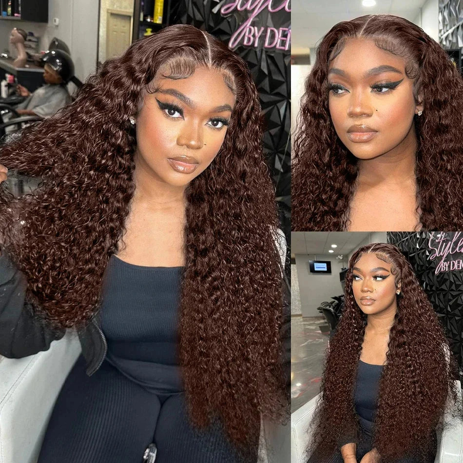 Chocolate brown HD lace frontal human hair wig by Spacewallart, showcasing natural hair texture and lace front detail.