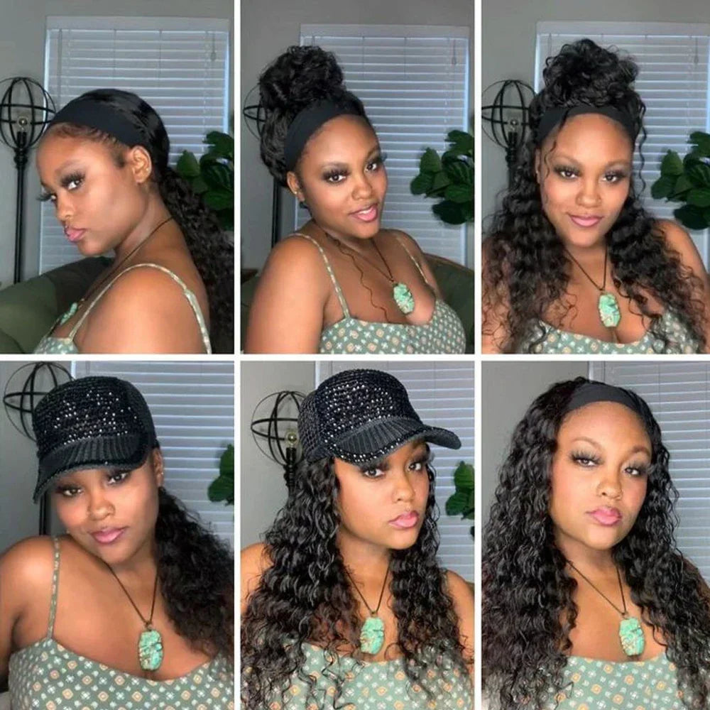 Water wave human hair headband wig by Spacewallart featuring natural water wave texture and comfortable headband design.