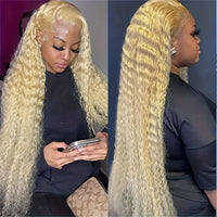 Blonde human hair lace frontal wig by Spacewallart, showcasing natural-looking hair with a lace front for seamless styling.