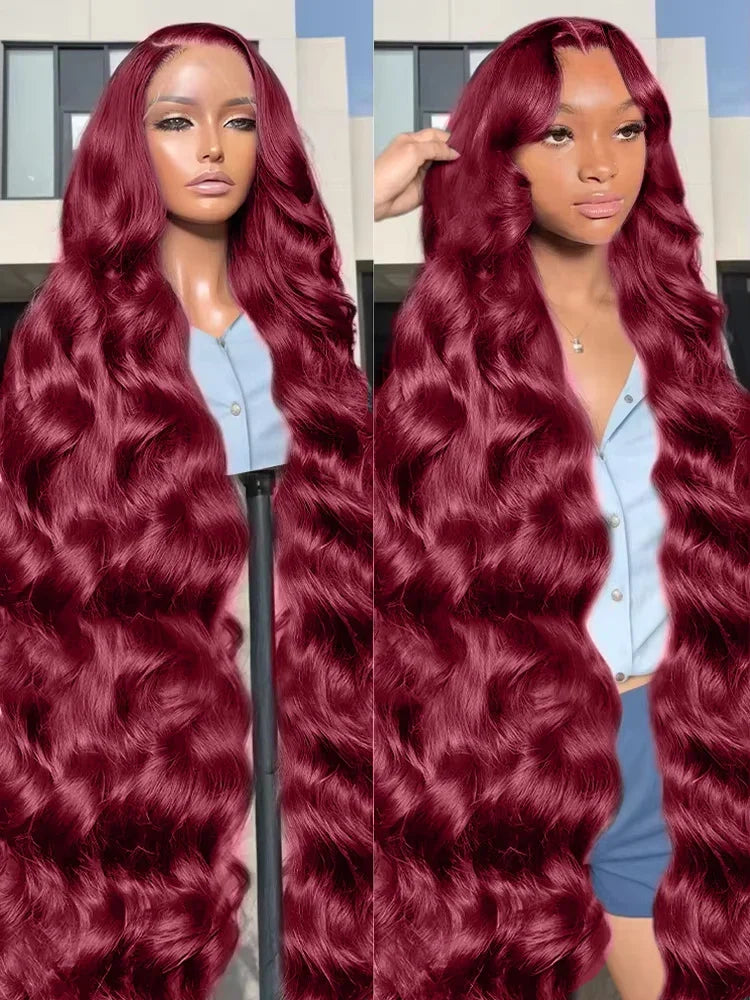 Body Wave Burgundy Human Hair Wig by Spacewallart showcasing rich burgundy color and flowing body wave texture