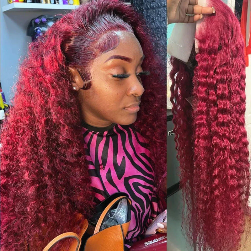 Burgundy curly frontal wig by Spacewallart featuring voluminous, tight curls and natural-looking hairline on a mannequin head.