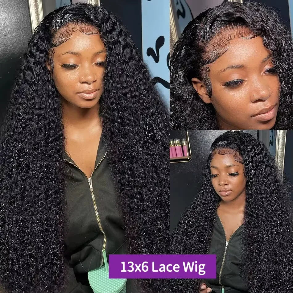 Deep wave curly lace frontal wig by Spacewallart featuring natural deep wave hair with a lace front for a seamless fit.