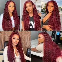 Red Burgundy Deep Wave Wig by Spacewallart, showcasing thick, wavy hair with vibrant color and natural shine.