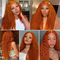Orange ginger lace front curly wig by Spacewallart, showcasing vibrant curls and natural hairline on a mannequin head.