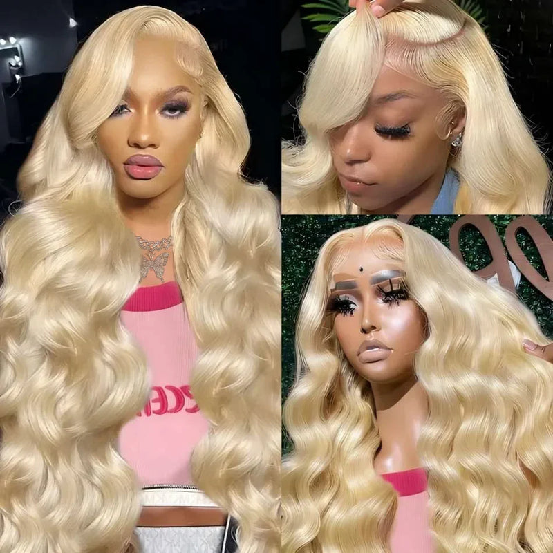 Brazilian pre-plucked blonde human hair wig by Spacewallart, showcasing natural hairline and silky, transparent hair strands.