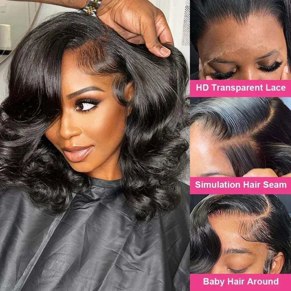 Short human hair wig with body wave style from Spacewallart, featuring natural waves and a realistic hairline in a close-up shot.
