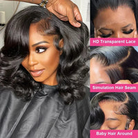 Short human hair wig with body wave style from Spacewallart, featuring natural waves and a realistic hairline in a close-up shot.