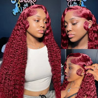 Red Burgundy Deep Wave Wig by Spacewallart, showcasing vibrant color and voluminous, textured deep wave hair extension.