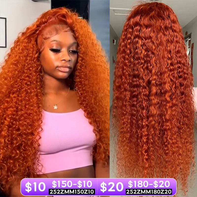 Orange colored Water Wave Human Hair Wig by Spacewallart, showcasing vibrant, wavy hair with a natural flow and texture.