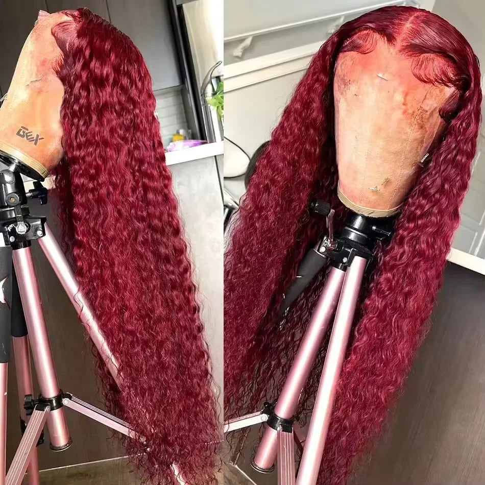 Burgundy deep wave curly wig by Spacewallart showing rich color and voluminous, textured curls on a head-shaped mannequin.