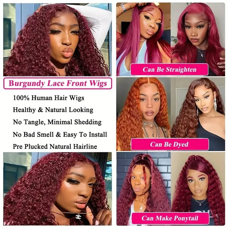 Red Burgundy 200% Deep Wave wig by Spacewallart featuring lush, curly hair with vibrant color and voluminous deep wave texture.