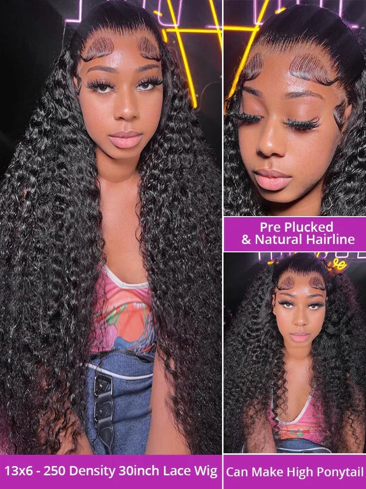 Deep wave HD lace front human hair curly wig by Spacewallart, showcasing full, voluminous curls and natural lace front for a seamless look.