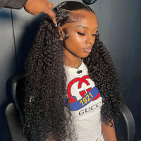 Pre-plucked deep wave curly wig by Spacewallart featuring natural-looking hair with defined deep wave curls.
